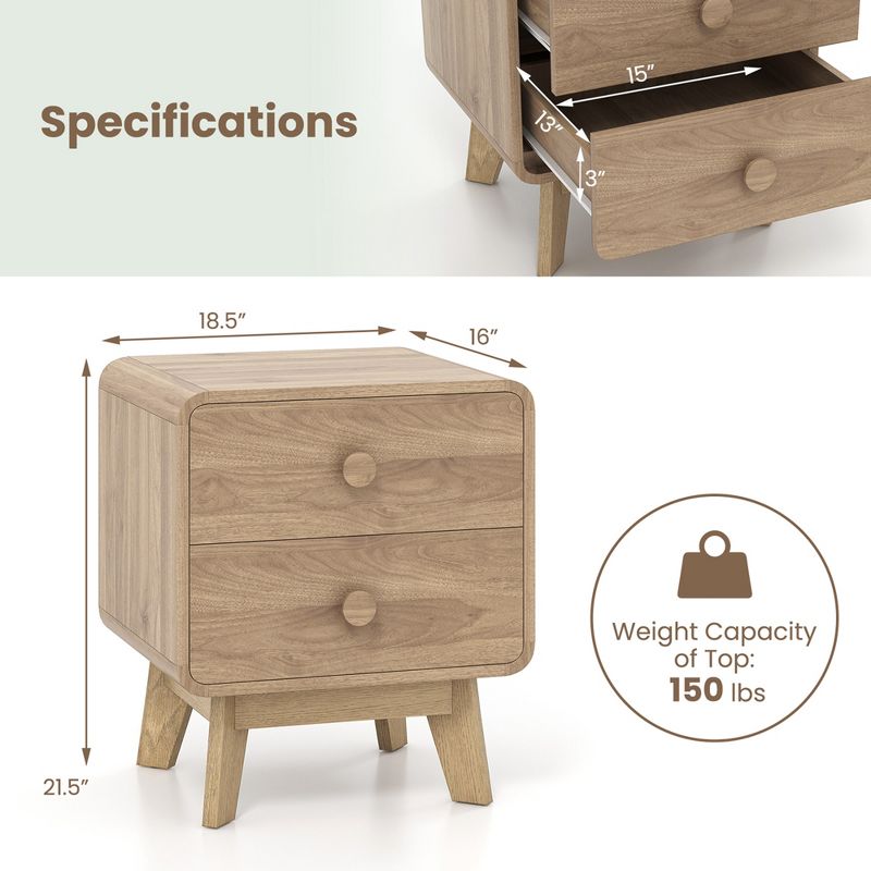 Costway 1/2 PCS Modern Style 2-Drawer Nightstand Bedside Table with Solid Rubber Wood Legs Brown, 3 of 10