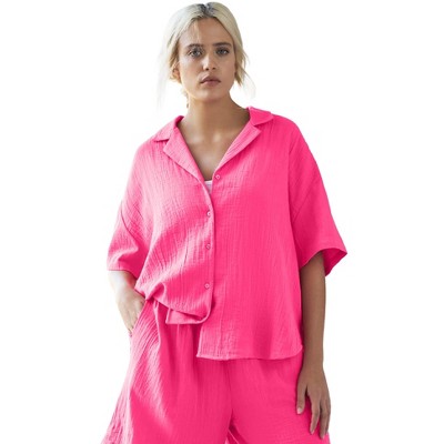 ellos Plus Size Button Front Gauze Camp Shirt