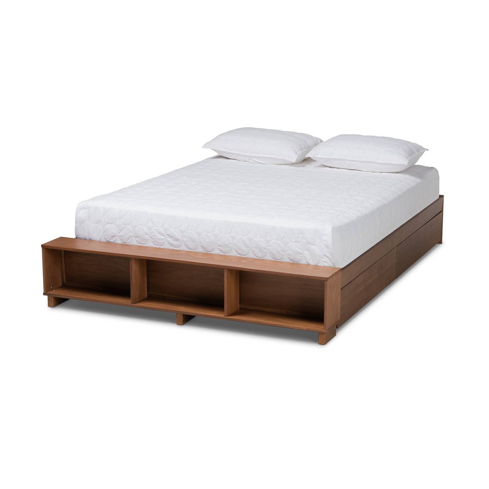 Photos - Bed Frame Queen Arthur Wood Platform Bed with Built-In Shelves Ash Walnut - Baxton S