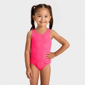 Toddler Girls' Jacquard Floral One Piece Swimsuit - Cat & Jack™ Bright Pink - 1 of 3