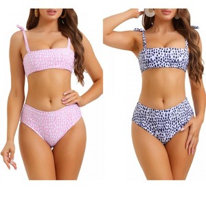 INSPIRE CHIC Women's Tie Shoulder Leopard Print Bandeau High Waist Swimwear Bathing Suits 2 Sets - 1 of 4