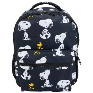 Peanuts 16” Backpack With Front Pocket for Girls & Boys,  Allover Print Bookbag Featuring Snoopy & Woodstock, Black - 1 of 4