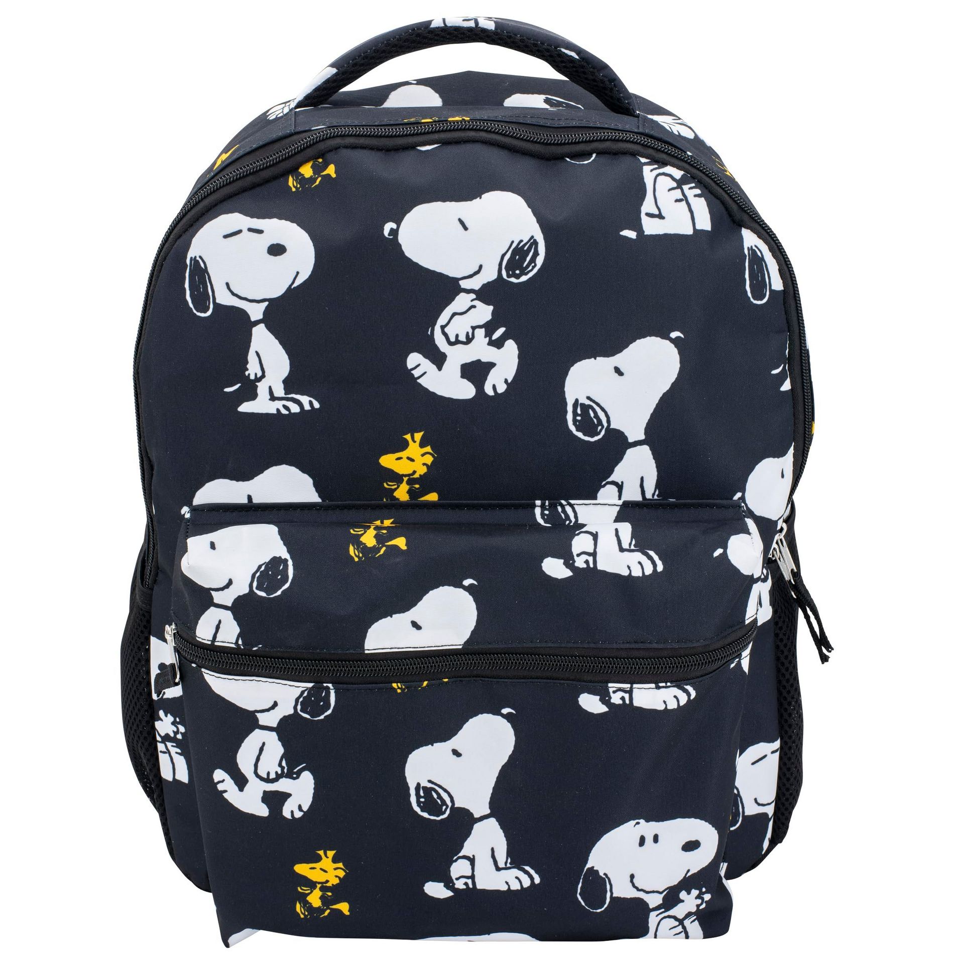 Peanuts 16” Backpack With Front Pocket for Girls & Boys,  Allover Print Bookbag Featuring Snoopy & Woodstock, Black