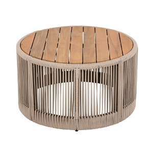 NAYSAYE Patio Accent Table Set Outdoor Rattan Rope Acacia Wood Coffee Table for Garden, Teak and Beige, 26"*26"*14.25" - 1 of 4