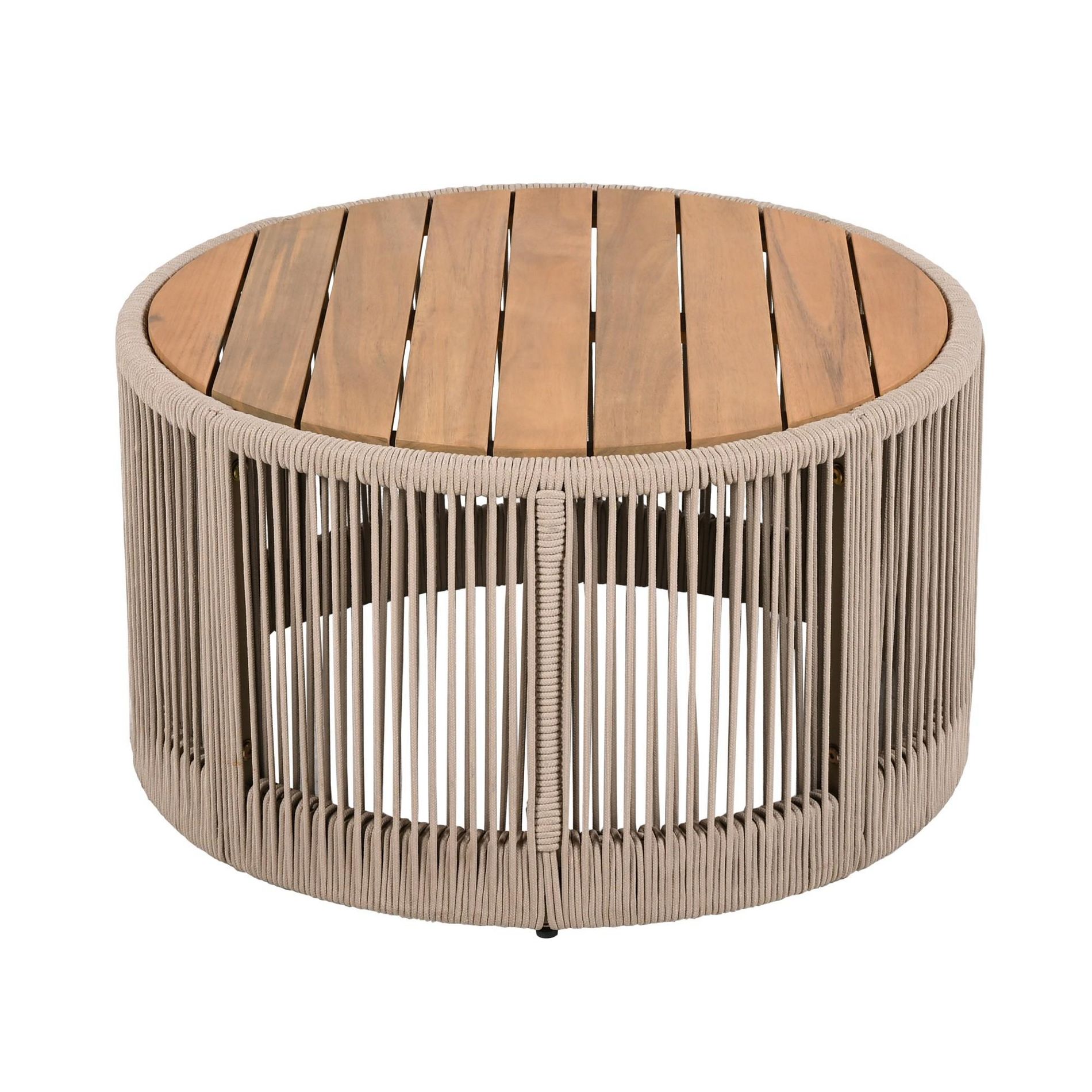 NAYSAYE Patio Accent Table Set Outdoor Rattan Rope Acacia Wood Coffee Table for Garden, Teak and Beige, 26"*26"*14.25"
