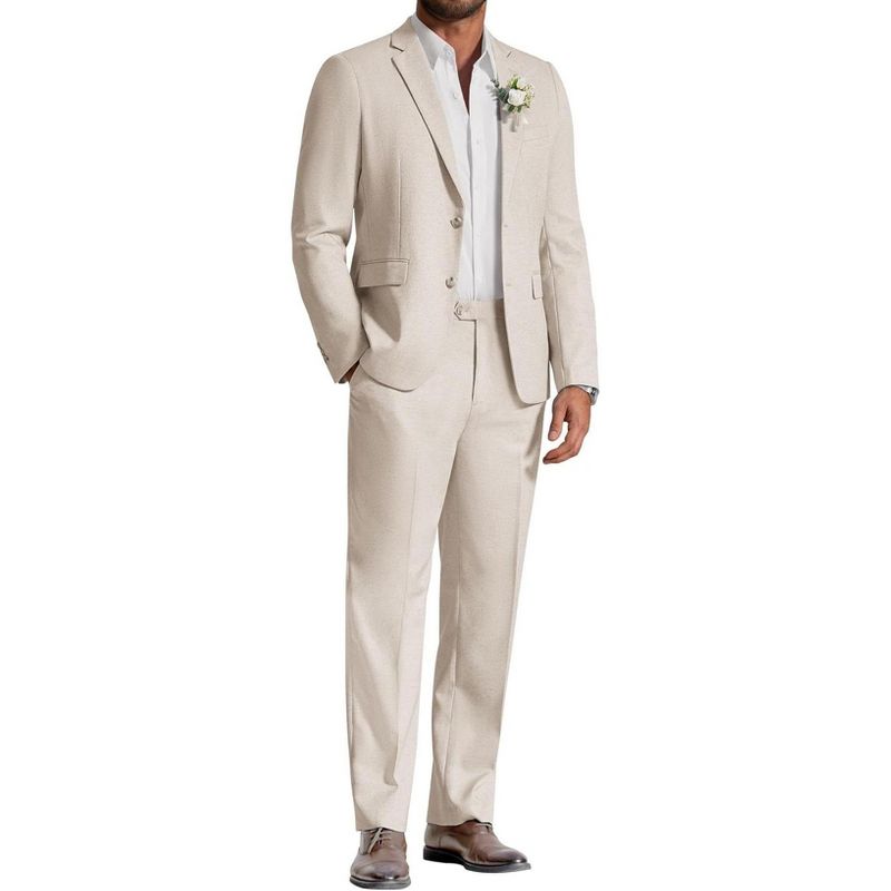 COOFANDY Men's Linen Suits 2 Piece Regular Fit Suits Set Casual Lightweight Blazer Jacket and Pants for Summer Wedding Beige 36X30W
