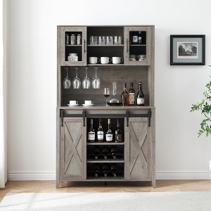 70" Farmhouse Wine & Coffee Bar Cabinet with Hutch, Sliding Barn Doors, Wine & Glass Rack, Buffet Storage for Kitchen Dining Home Bar - 1 of 4