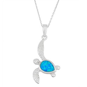 Opalata Sterling Silver Blue Inlay Opal Turtle 18" Pendant Necklace - Blue - 1 of 2