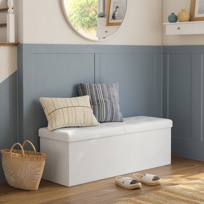 Folding Storage Ottoman Bench, Storage Bench with Flipping Lid, Ottoman with Storage, Faux Leather, 660 lb Load Capacity