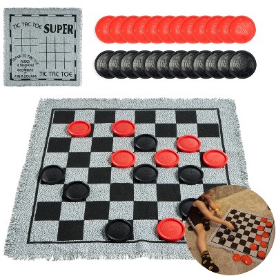 Joyfy 3 in 1 Giant Checkers Tic Tac Toe Board Game for Kids Adults Family with Reversible Mat/24 Chips, Indoor Outdoor Lawn Game BBQ Party Favor Gift
