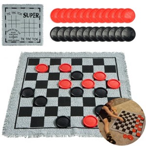 Joyfy 3 in 1 Giant Checkers Tic Tac Toe Board Game for Kids Adults Family with Reversible Mat/24 Chips, Indoor Outdoor Lawn Game BBQ Party Favor Gift - 1 of 1