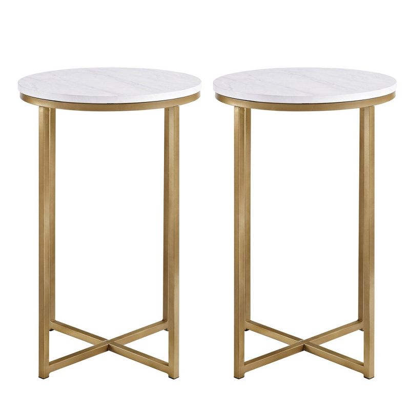 Set of 2 Vivian Glam X Leg Round Side Tables Faux White Marble/Gold - Saracina Home, 1 of 7