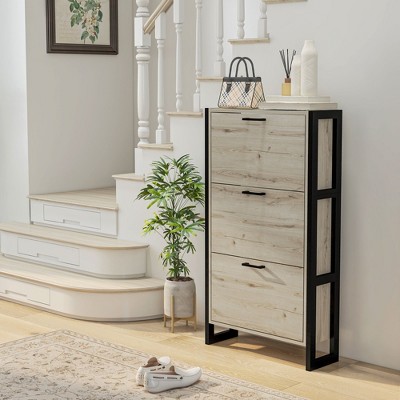 Walnut and Black Metal 3-Drawer Shoe Cabinet