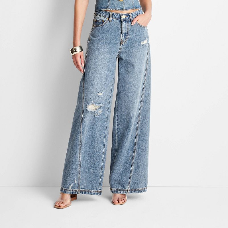 Women's High-Rise Distressed Wide Leg Jeans - Future Collective™ with Jenee Naylor Medium Wash, 1 of 9