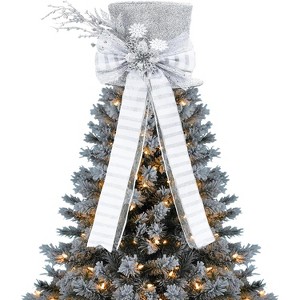 Christmas Tree Topper Bow, 9.84" Glitter Tree Decoration with Spruce Branch, Holiday Bow Ornament for Christmas Tree or Snowman - 1 of 4