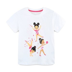 MyKids-USA Summer Girls’ Rhythmic Gymnastics Cartoon Pattern T-shirt in European and American Style Beige 100 (2-3Y) - 1 of 4