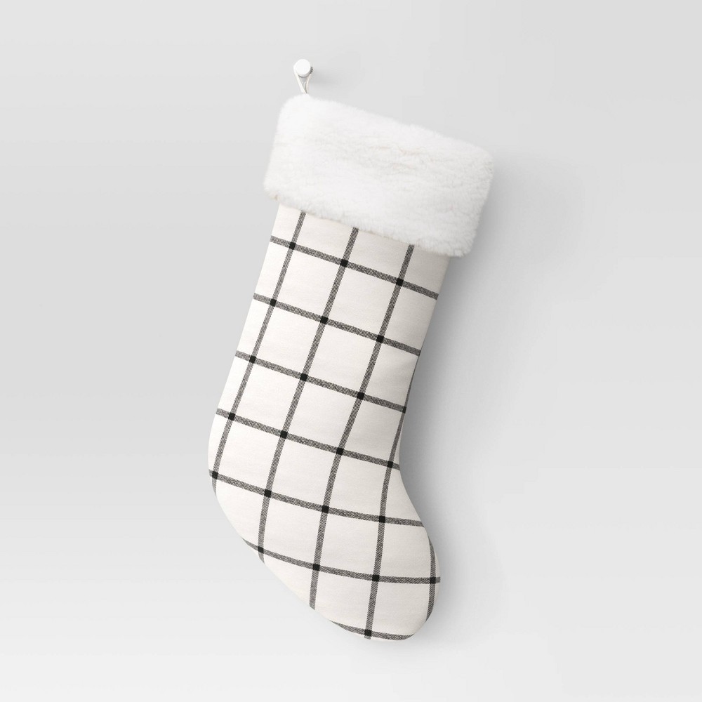 20 Woven Windowpane Plaid Christmas Stocking with Faux Shearling Cuff