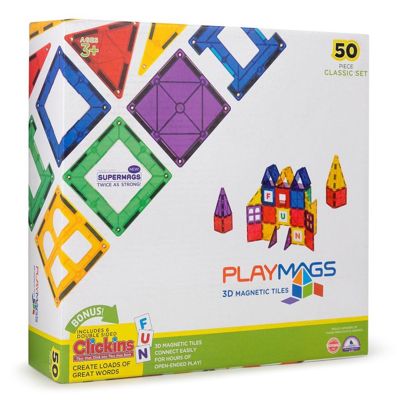 Playmags 56 Piece Set + 6 Click-ins, Magnetic Tiles Building Set, 3D Magnet Building Blocks with  Car Bed, 2 of 4