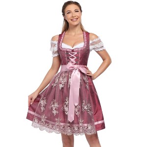 Women's 3 - Piece Beer Festival Dress Set, Satin Fabric with Embroidery & Lace Details, Off - Shoulder Sleeve Design - 1 of 4