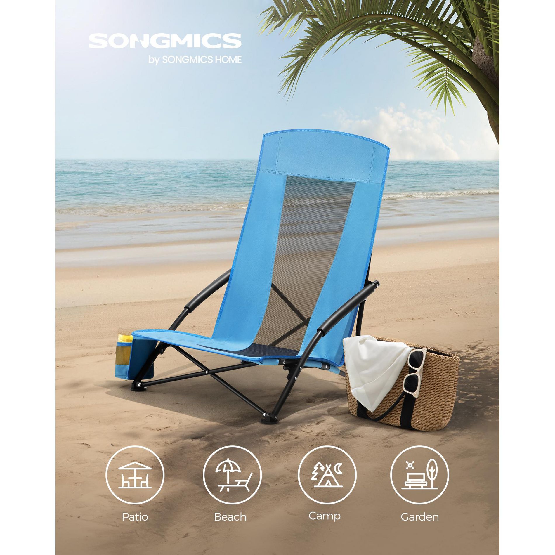 Set of 2 High-Back Camping Chairs, Portable Beach Chairs with Cup Holder, Lightweight Heavy-Duty Outdoor Chairs, Supports 330 lb per Chair, Light Blue