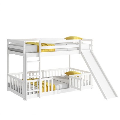 NicBex Twin Over Twin Bunk Bed with Slide and Guardrail,Twin Loft Bed with Ladder and Convenient Gate,Solid Pine Wood Bunk Beds for Bedroom
