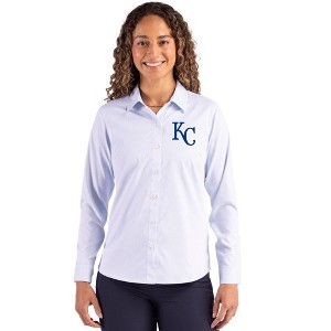 Kansas City Royals Cutter & Buck Skyline Epic Confidence Recycled Pinstripe Womens Long Sleeve Dress Shirt - Pale Blue/White - Medium - 1 of 1