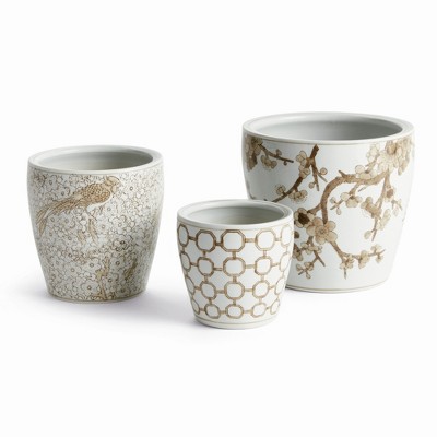 Plum & Post Brown & White Chinoiserie Province Flower Pots, Set of 3