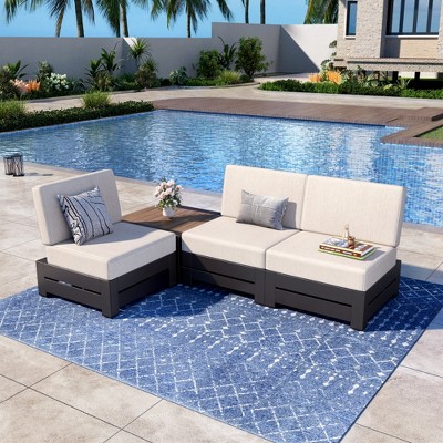 Captiva Designs Outdoor Patio Modular Sectional Sofa Conversation Set with Deep Cushions and Wood Grain Table  3-Seat