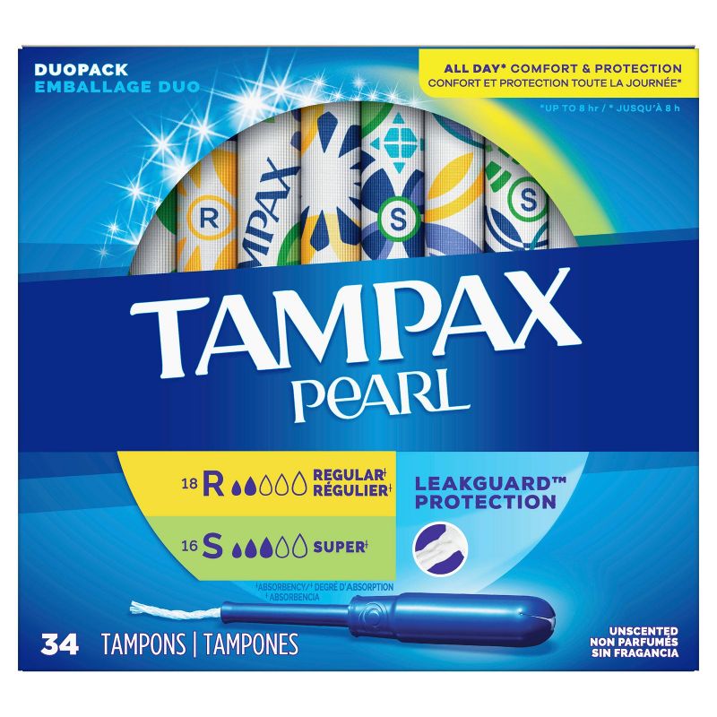 Tampax Pearl Tampons Regular/Super Absorbency with LeakGuard Braid -Duo Pack - Unscented - 34ct, 4 of 12