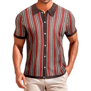 INSPIRE CHIC Men's Striped Knitted Summer Short Sleeves Button Down Jacquard Polo Shirts - 1 of 4