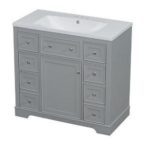 CSBDHome 36" White Bathroom Vanity with Sink, Solid Wood Cabinet and 6 Drawers - 1 of 4