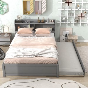 Okak Full Size Platform Bed Frame with Storage Headboard No Box Spring Needed Easy to Assemble Noiseless Bed with Trundle & Bookcase, Gray - 1 of 4