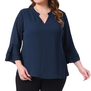 Agnes Orinda Women's Plus Size Chiffon Notched Neck 3/4 Bell Sleeve Double Layered Dressy Work Tunic Blouses - 1 of 4