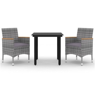 vidaXL 3 Piece Patio Dining Set with Cushions Poly Rattan and Glass GRAY