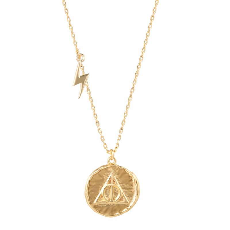 Harry Potter Wizarding World Deathly Hallows Gold Plated Potter Medallion Pendant, 16 + 2", 1 of 6