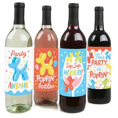 Big Dot of Happiness Balloon Animals - Happy Birthday Party Decorations for Women and Men - Wine Bottle Label Stickers - Set of 4