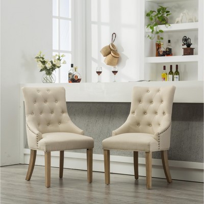 DOMETOUR Button Tufted Dining Chair Solid Wood Wingback Hostess Chairs with Nail Heads Set of 2