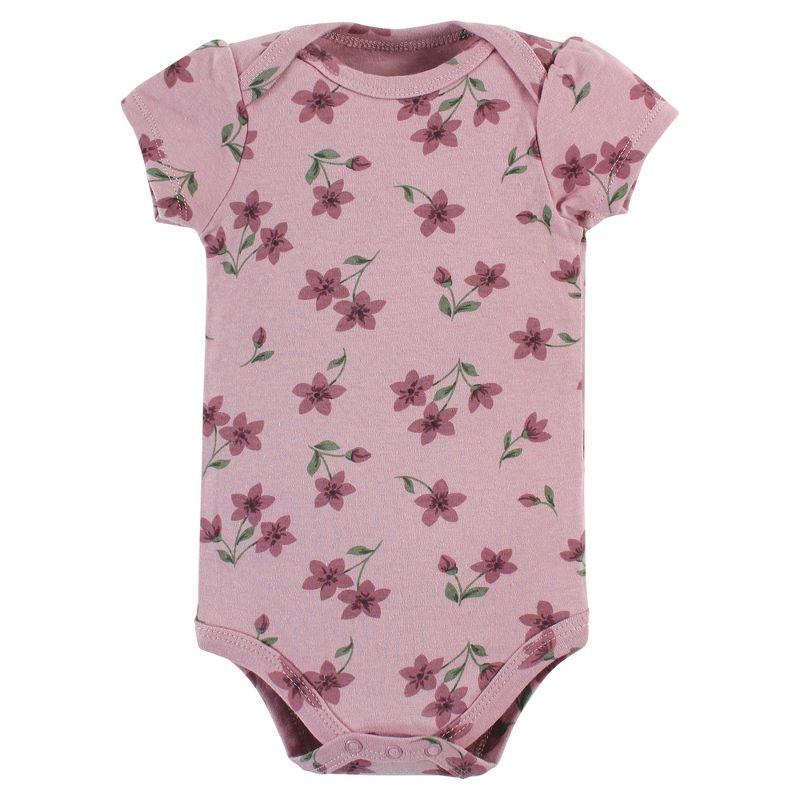 Hudson Baby Infant Girl Cotton Bodysuits, Plum Wildflower, 4 of 6