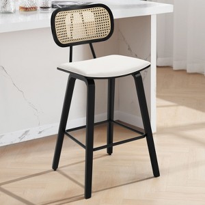 Bekrvio 26" Counter Height Bar Stools-Mid Century Modern Wood Frame,PU Leather Upholstered with Rattan Back, Kitchen Island Counter Stools - 1 of 4