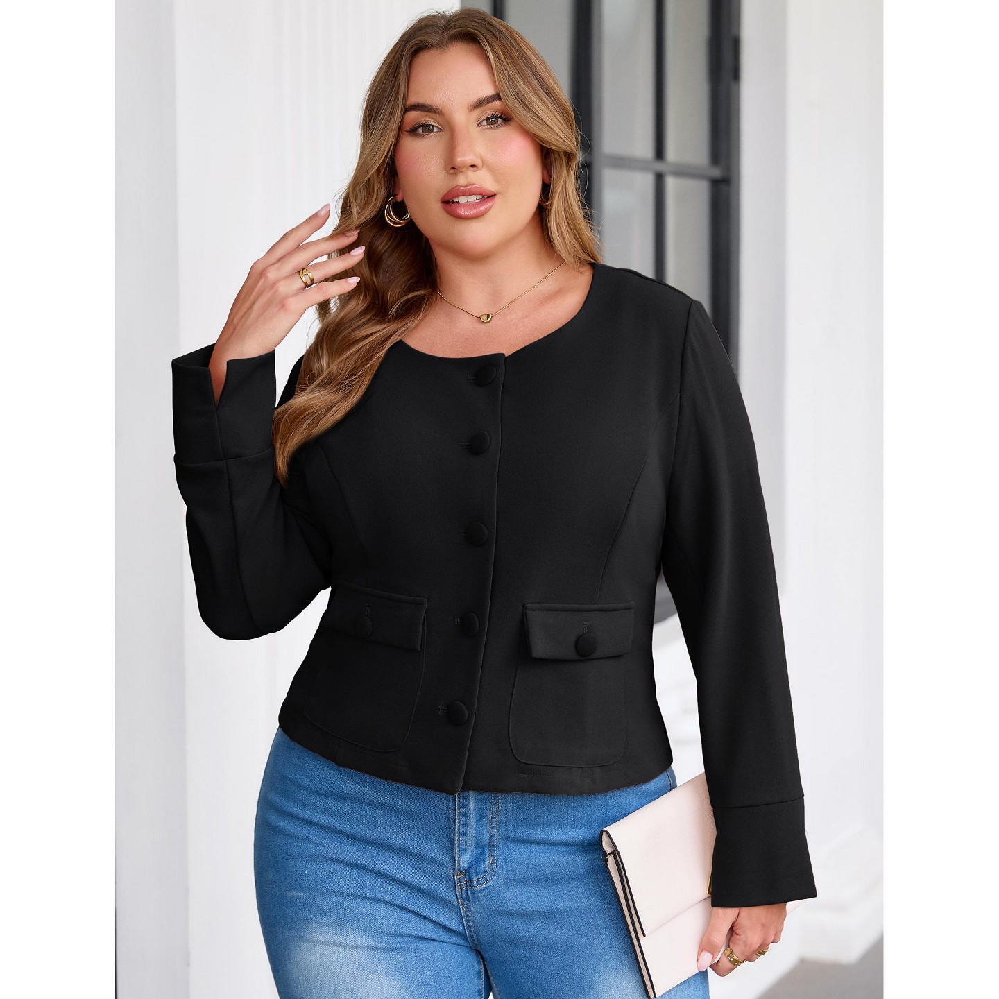 Женская куртка YesFashion Women Plus Size Cropped Jacket Round Neck Button Down Long Sleeve Cuffed Outerwear with Flap Pockets, BLACK,5X, цвет: Чёрный — фото 3