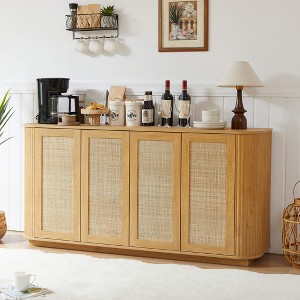 Gulches 64" Wave Shaped TV Stand - Rounded Corner Sideboard with Rattan Doors, Wood Striped Storage Cabinet, Natural 64''W x15''D x31.5''H - 1 of 4