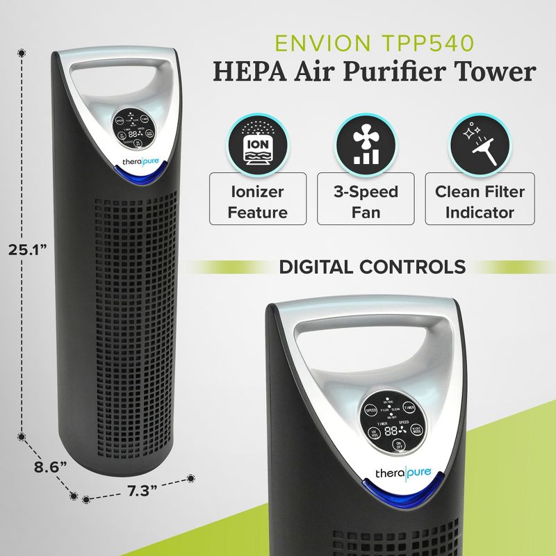 ENVION Therapure TPP540 Medium to Large Room Filter HEPA Air Purifier with 3 Fan Speeds, UV-C Germicidal Light, LED Display, and 24 Hour Timer, Black, 4 of 7