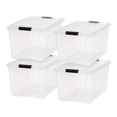 Photo 1 of **one bin is damaged**
IRIS 4pk 72qt Stack and Pull Box Clear with Black Buckle