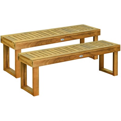 Tangkula Set of 2 Patio Garden Dining Bench Acacia Wood Bench