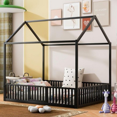 Streamdale Full Size Metal House Bed with Fence and Door, Black
