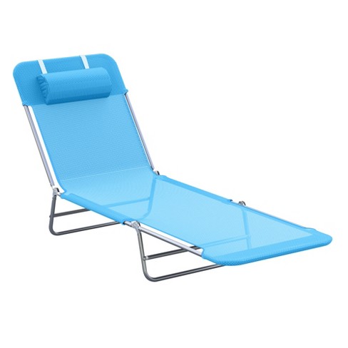 Outsunny Portable Sun Lounger, Lightweight Folding Chaise Lounge Chair w/  Adjustable Backrest & Pillow for Beach, Poolside & Patio, Silver Frame Blue