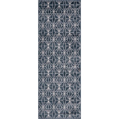 Navy Blue Geometric Indoor Runner Rug, Easy Care & Stain-resistant