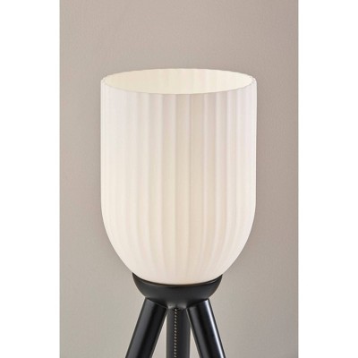 Black Wood Tripod Table Lamp with Frosted Ribbed Glass Shade