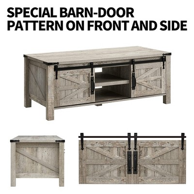Farmhouse Light Rustic Oak Coffee Table with Sliding Barn Doors