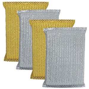 Lola Products Wonder Non-Scratch Scouring Pad, Large Knitted Flat Wire Cloth Fibers w/Foam Sponge Core, Assorted Colors (Gold or Silver), 4 Pack - 1 of 4